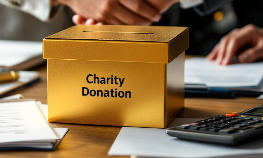 Gold "charity donation" box surrounded by papers and calculator.